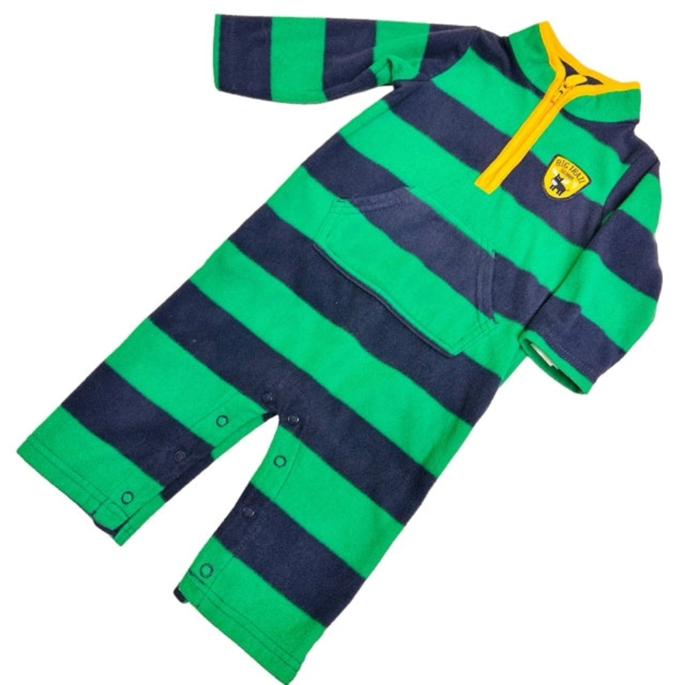 3/$20🌟 Carter's Green & Navy Striped Big Trail Scout Fleece Romper 18 months
